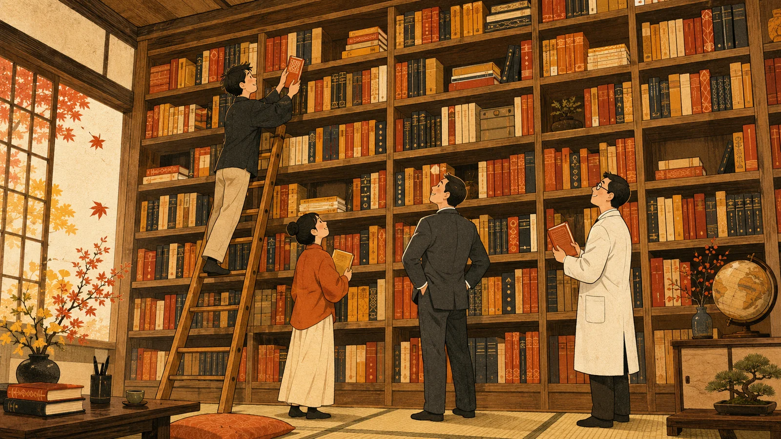 良い本で満ちた蔵書棚を見上げる人々