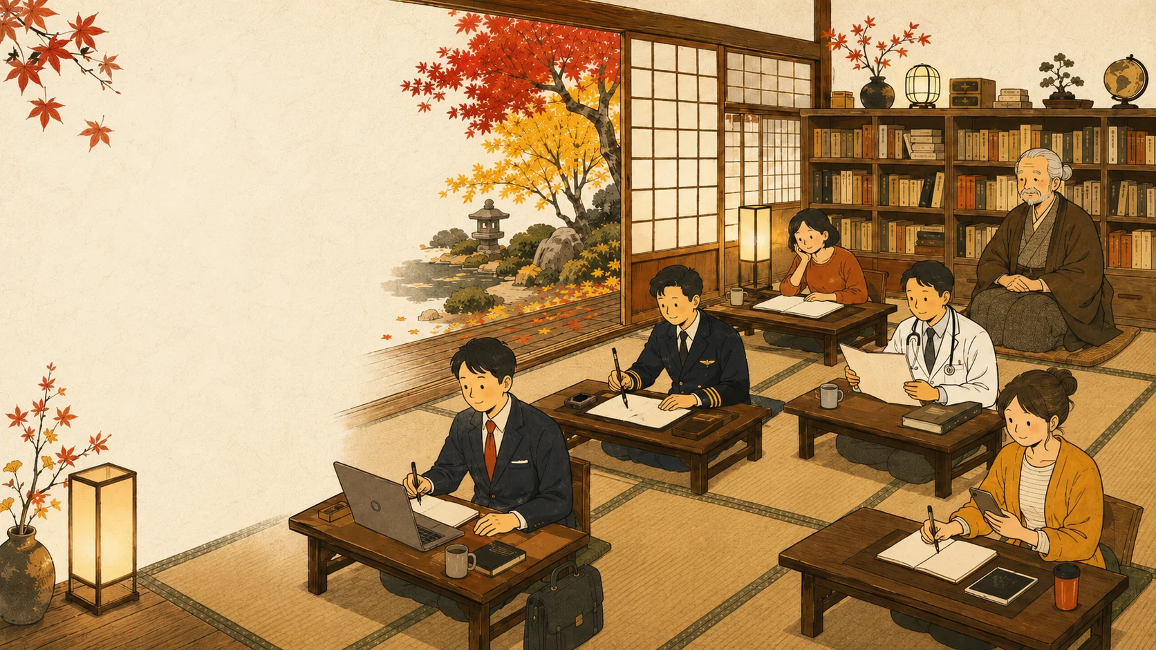寺子屋の座敷で、現代の大人たちが文机に向かって本を書いている