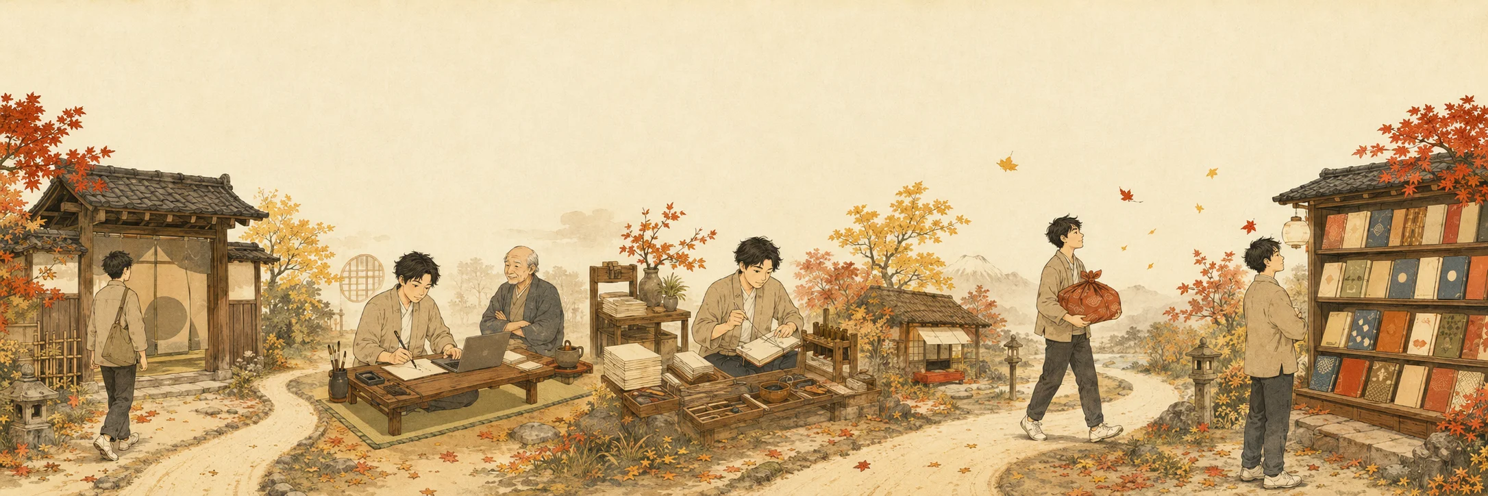 寺子屋の門から本棚まで、執筆・製本・表紙・出版と進む道のりの絵巻