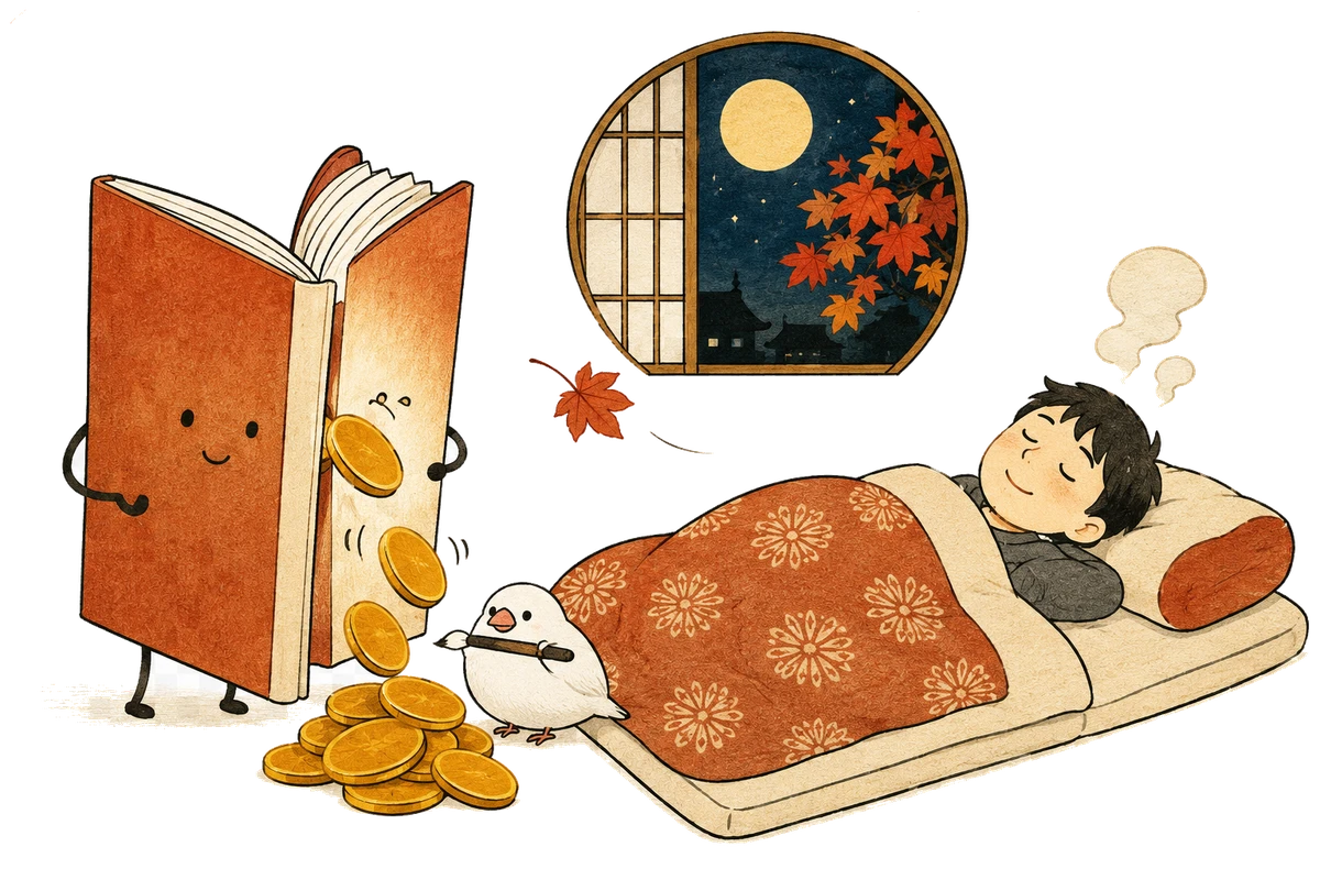 眠っている間も、本が働いて収入を生むイメージ